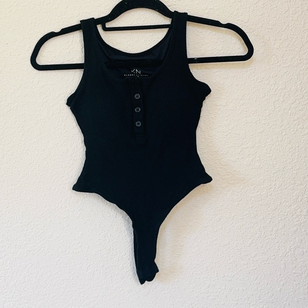 Klassy Network Black Ribbed Henley Tank Bodysuit